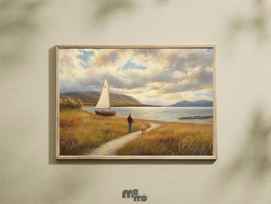Golden Retriever Lakeside Walk with Sailboat Oil Painting Wall Art