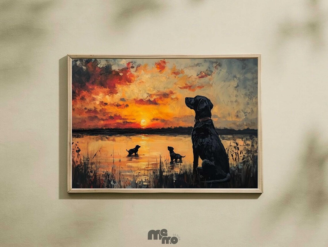 Black Labrador with Puppies Sunset Lake Silhouette Oil Painting Poster