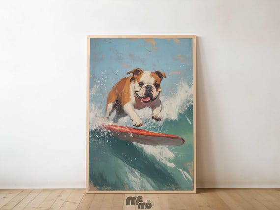 Surfing Bulldog Wall Art Funny Dog On Surfboard Oil Painting Summer Beach Coastal Home Decor For Pet Lovers Premium Matte Paper Poster