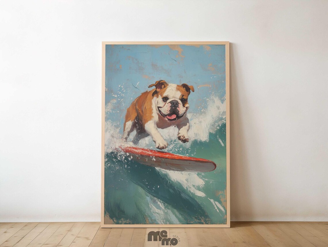 Cheerful Surfing Bulldog Riding an Ocean Wave Funny Dog Poster
