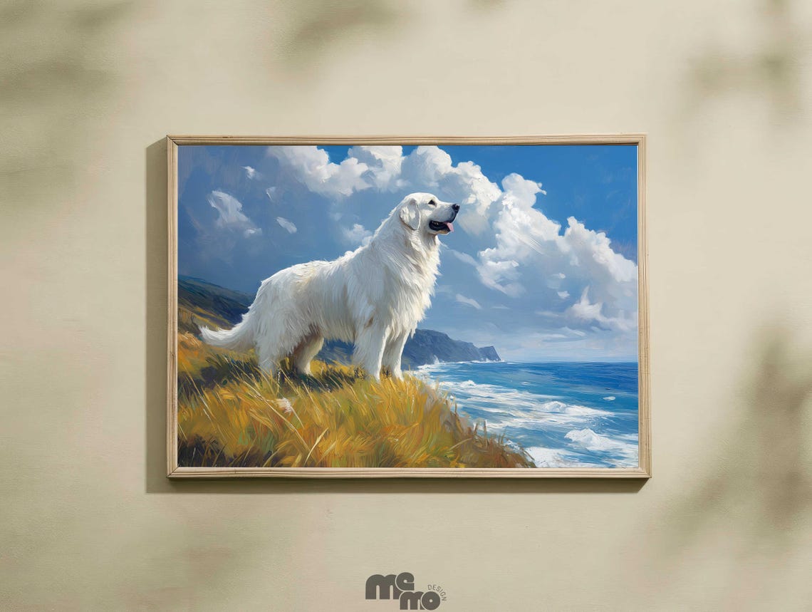 Great Pyrenees Dog Standing on Coastal Cliff Overlooking Ocean Poster