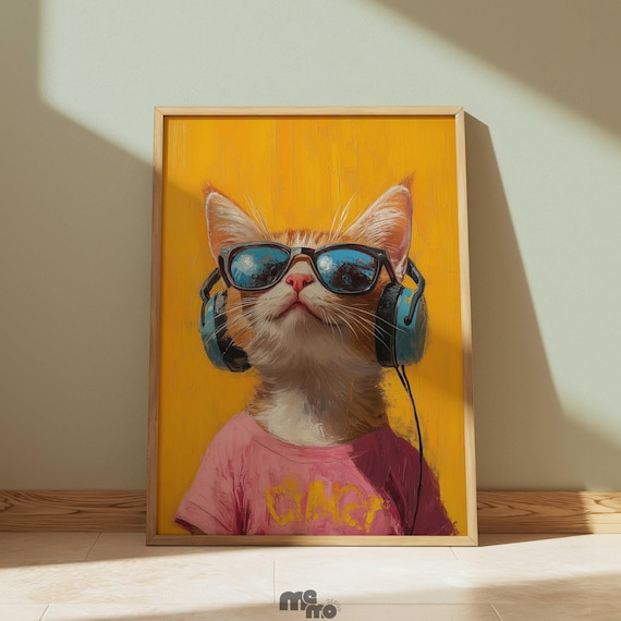 Funny Hipster Cat with Sunglasses and Headphones Yellow Wall Art