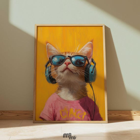 Funny Hipster Ginger Cat Portrait In Sunglasses Orange Tabby Dj Wall Art Home Decor Pet Print Gift For Music And Owner