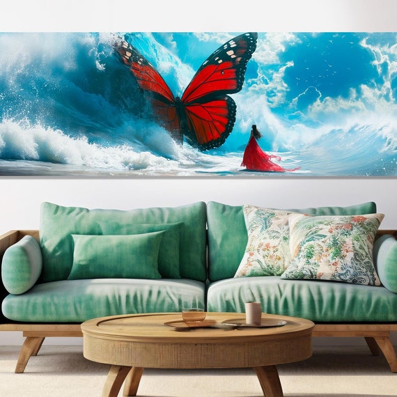 Large Abstract Painting Print Red Butterfly In Sea Wave Abstract Print Butterflies Wall Art Framed And Ready To Hang