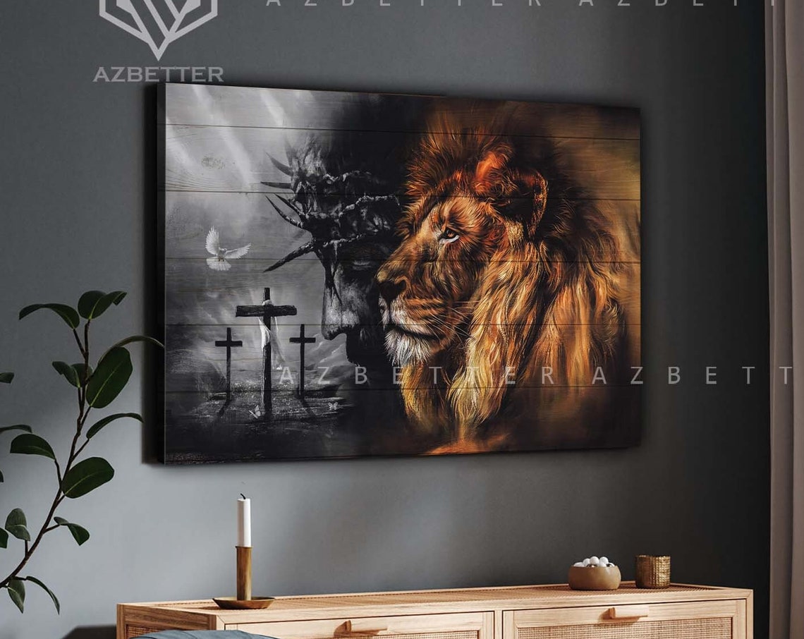 Lion Of Judah Jesus Crown Of Thorns Three Crosses Faith Poster - Image 5