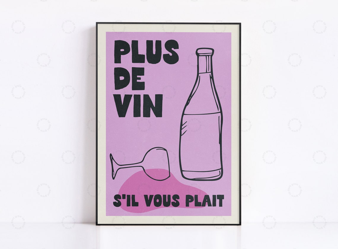 Plus De Vin French Pink Wine Bottle Minimalist Kitchen Poster