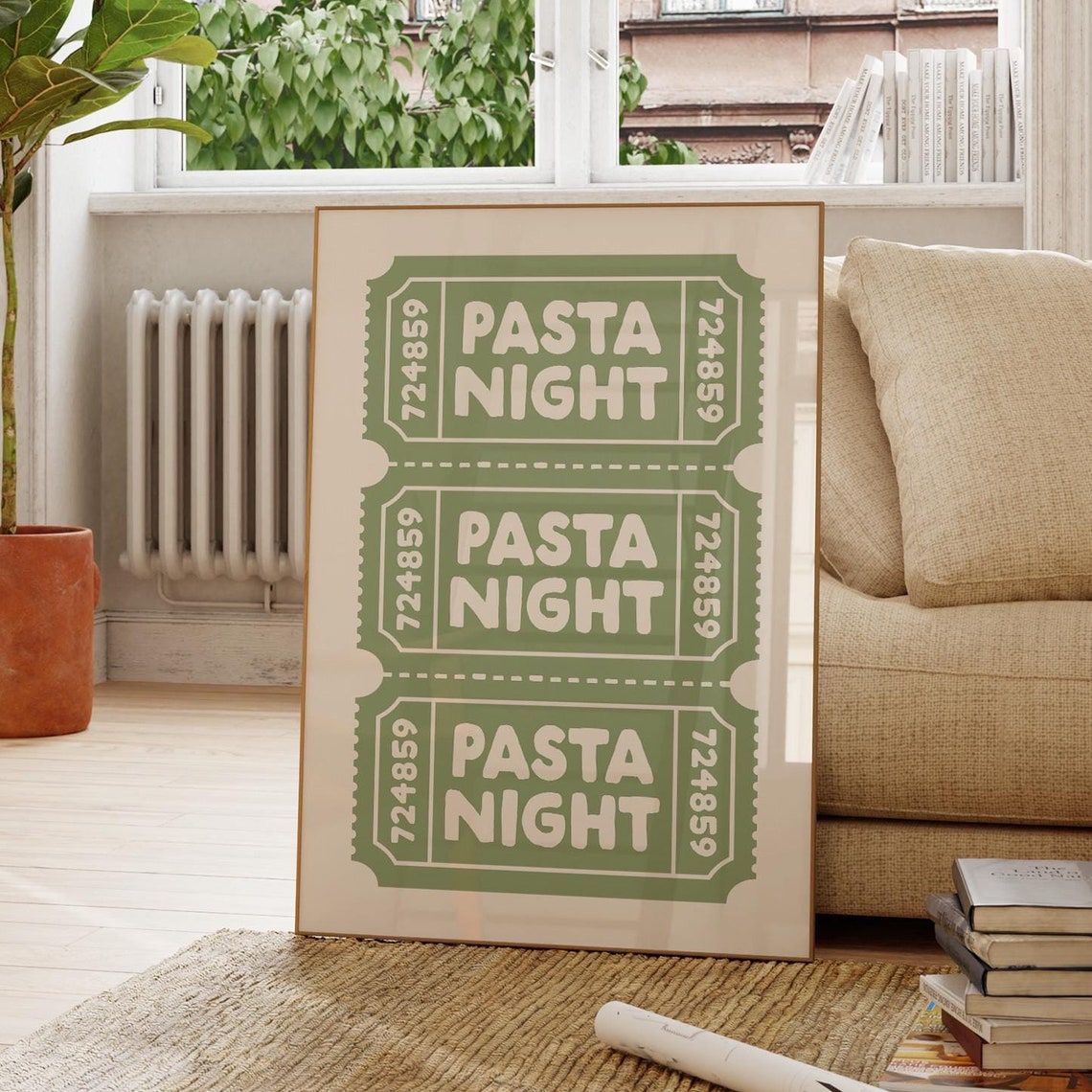 Pasta Night Ticket Wall Art Sage Green Art Print Retro Ticket Print Pasta Lover Gift Cute Kitchen Print Light Green Print