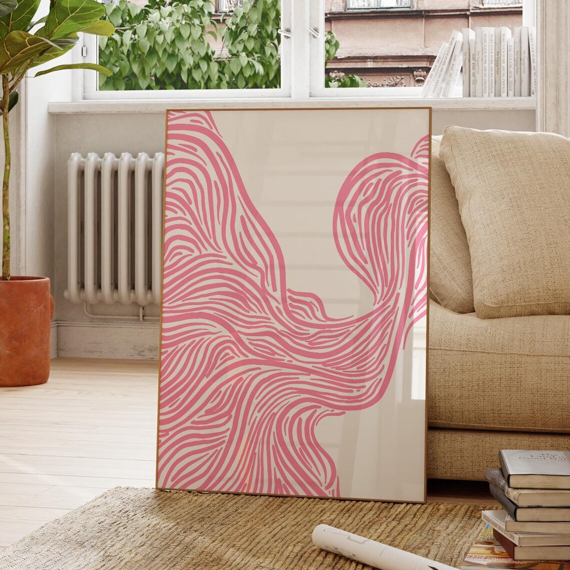 Pink Abstract Wavy Line Art Modern Minimalist Bedroom Wall Poster - Image 3