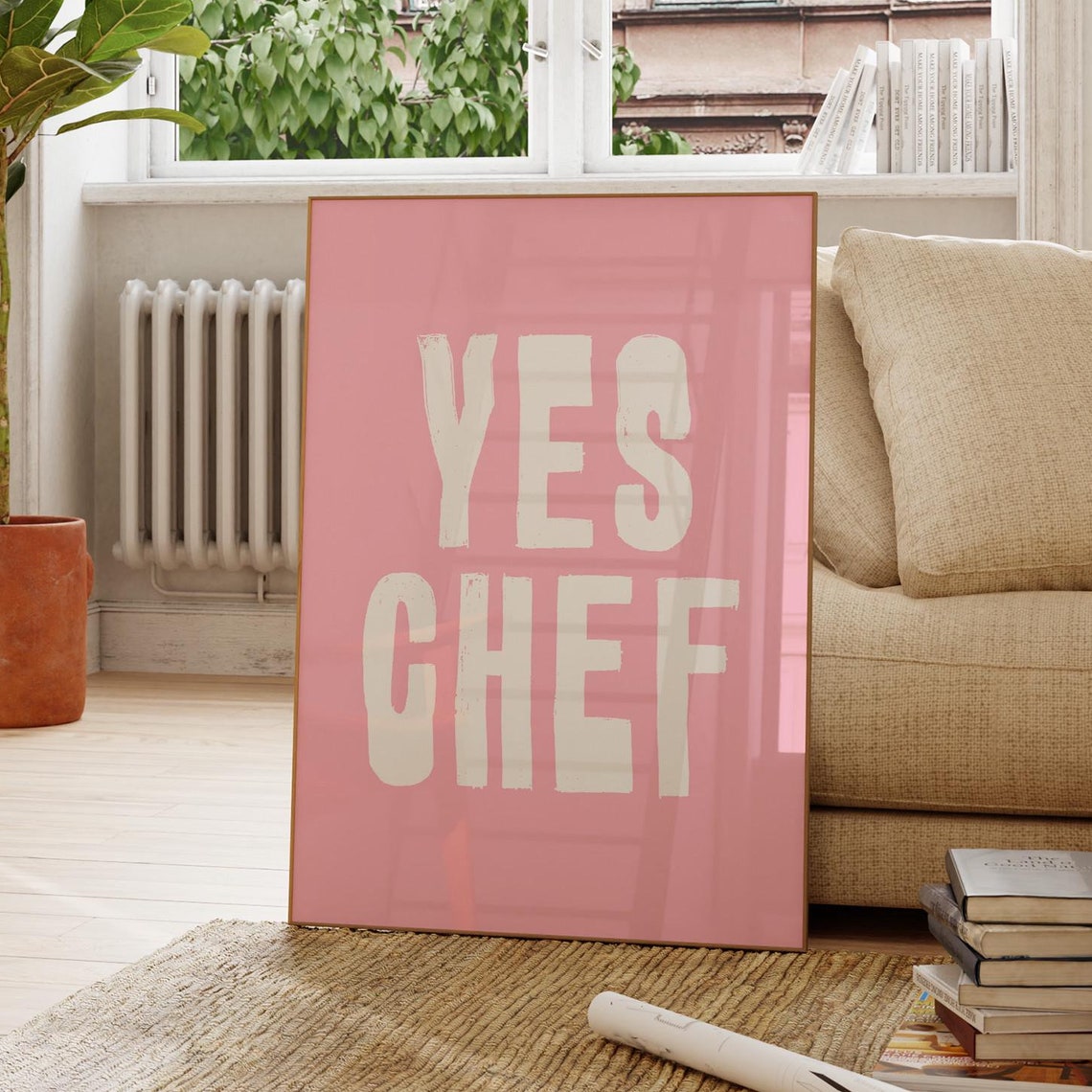 Yes Chef White On Pink Bold Typography Kitchen Quote Poster Decor - Image 3