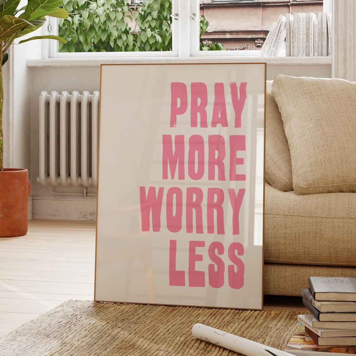 Pray More Worry Less Pink Christian Quote Poster for Girls Bedroom - Image 3