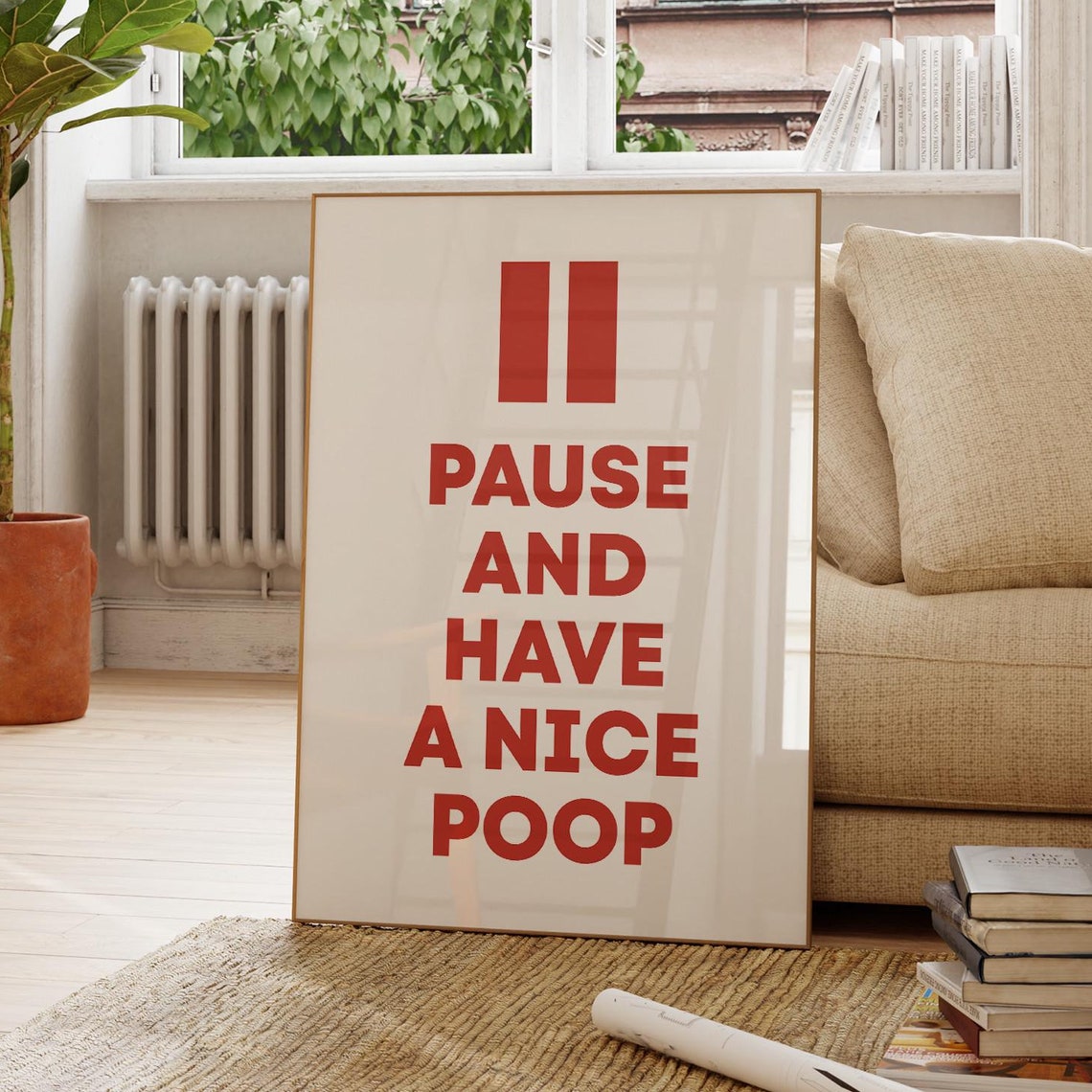Pause And Have A Nice Poop Funny Red Bathroom Quote Poster Gift - Image 3