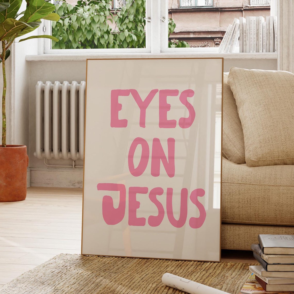 Eyes On Jesus Bold Pink Minimalist Christian Scripture Quote Poster - Image 3