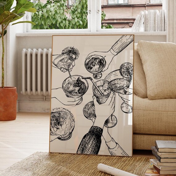 Funny Cocktail Cheers Retro Line Art Kitchen Bar Cart Poster