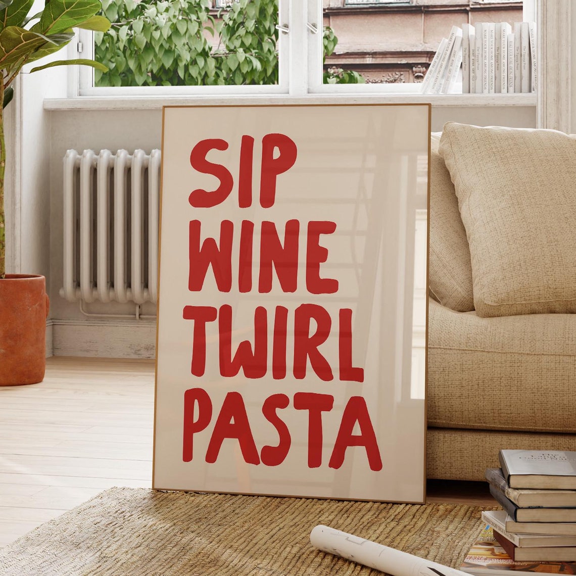 Sip Wine Twirl Pasta Red Italian Kitchen Quote Dining Poster