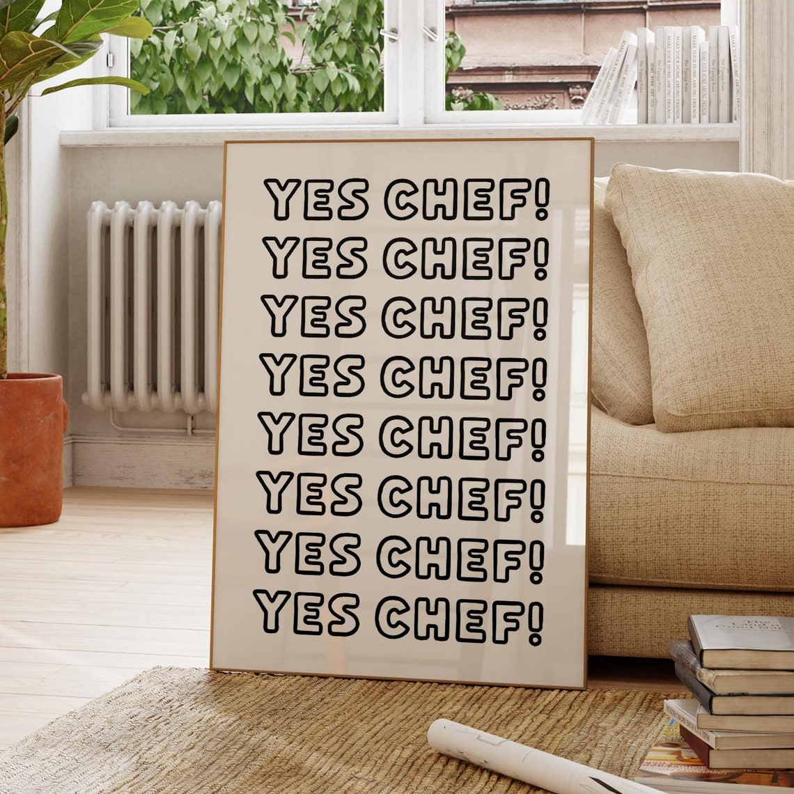 Yes Chef Repeated Outline Typography Black Kitchen Quote Poster - Image 3