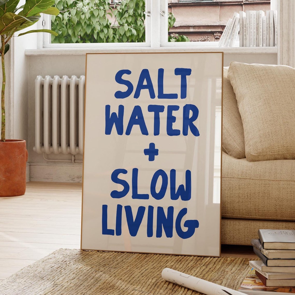 Salt Water Slow Living Deep Blue Coastal Quote Wall Decor Poster