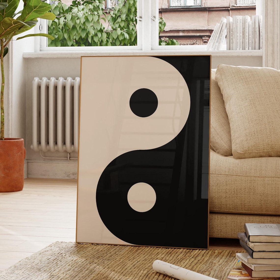 Black and Cream Yin Yang Minimal Abstract Zen Meditation Poster