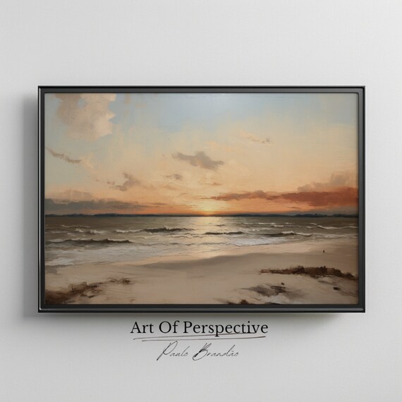 Golden Beach Sunset Over Ocean Waves Tranquil Seascape Painting Poster