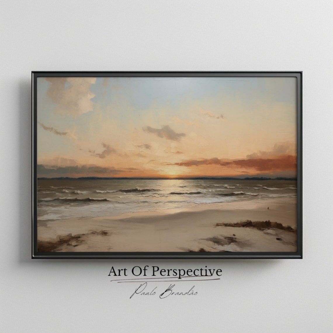 Golden Beach Sunset Over Ocean Waves Tranquil Seascape Painting Poster