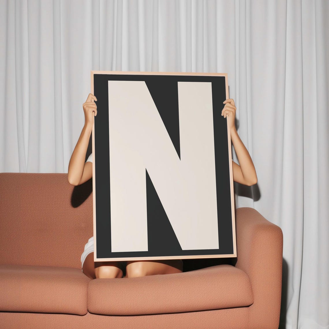 Letter N Bold Monogram Cream on Black Minimalist Initial Poster