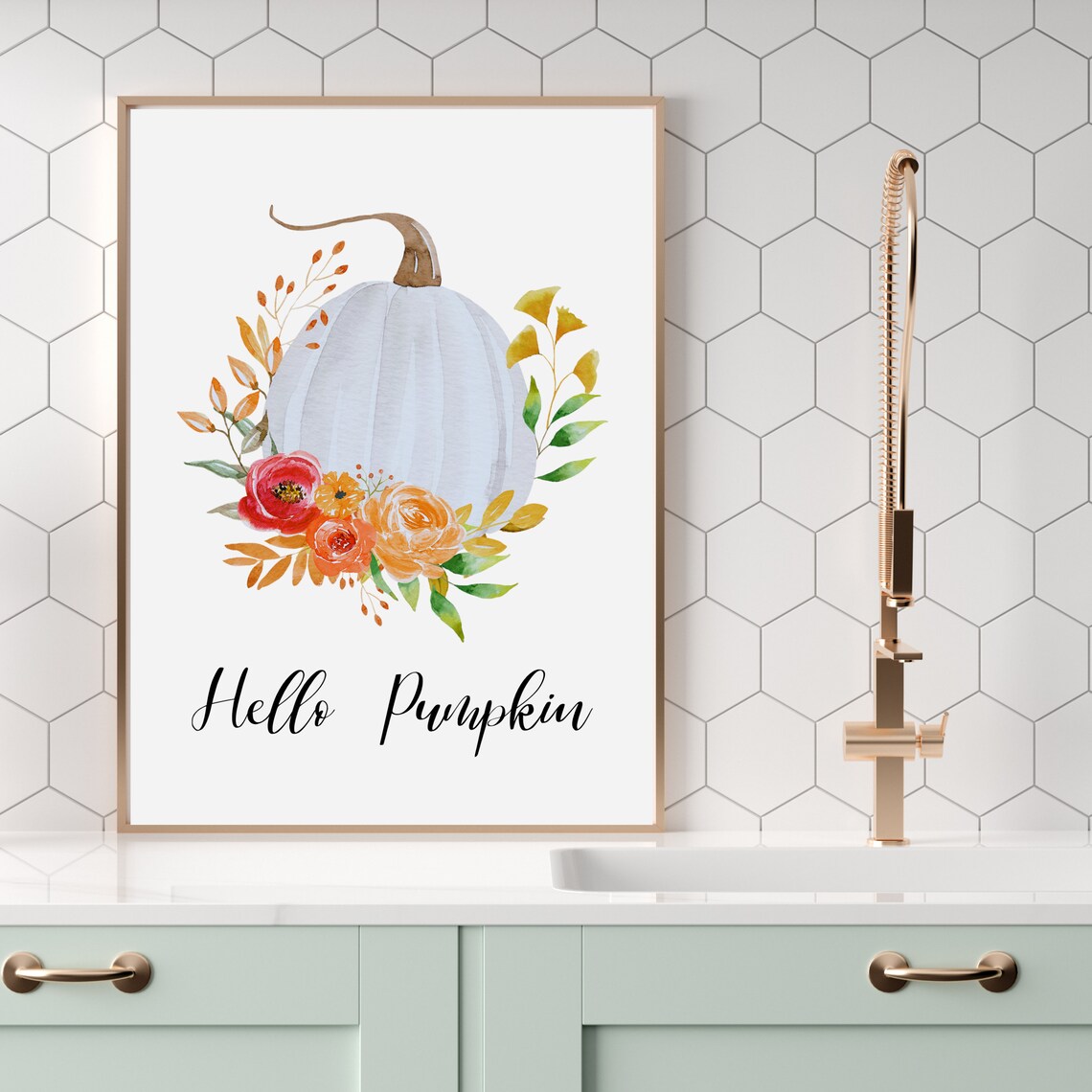Hello Pumpkin White Watercolor Pumpkin Coral Floral Fall Poster - Image 2