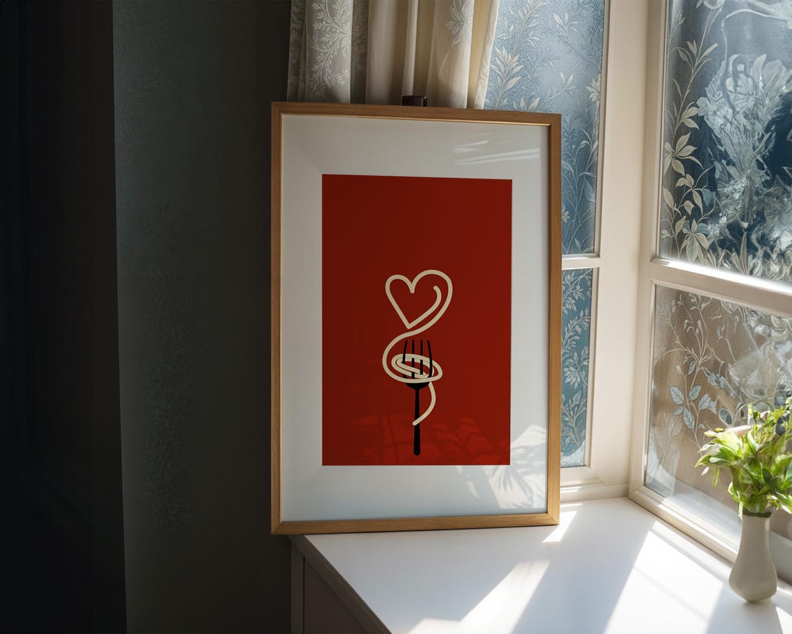 Spaghetti Fork Heart on Red Retro Pasta Lover Kitchen Poster - Image 2
