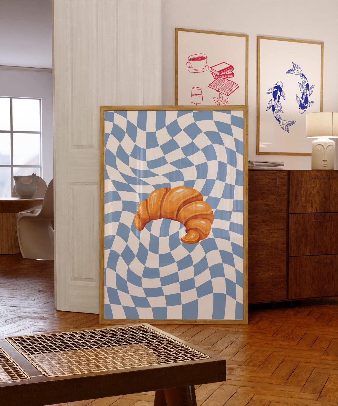 French Croissant on Blue Wavy Checkered Retro Kitchen Poster