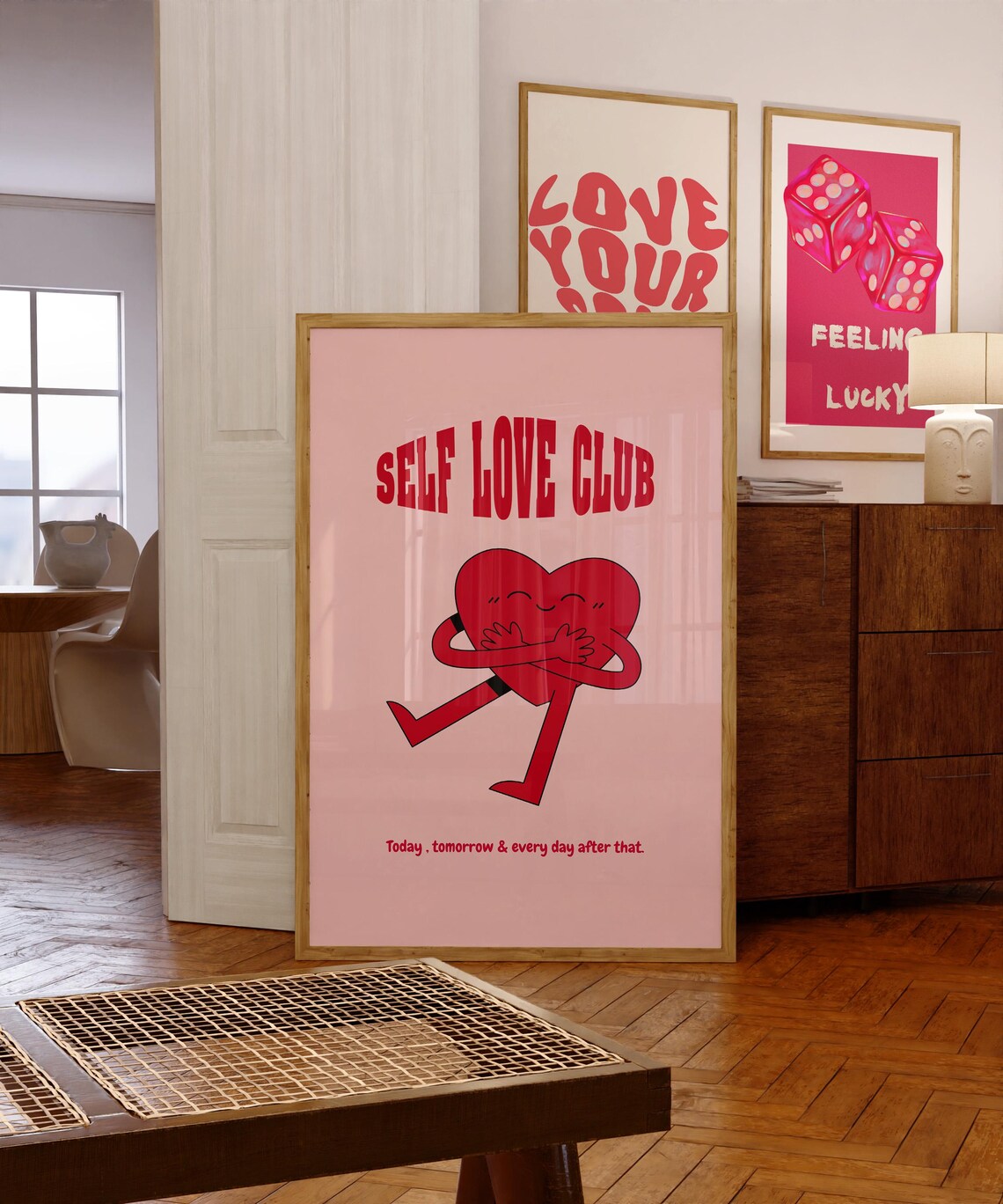 Self Love Club Red Heart Hugging Pink Self Care Affirmation Poster