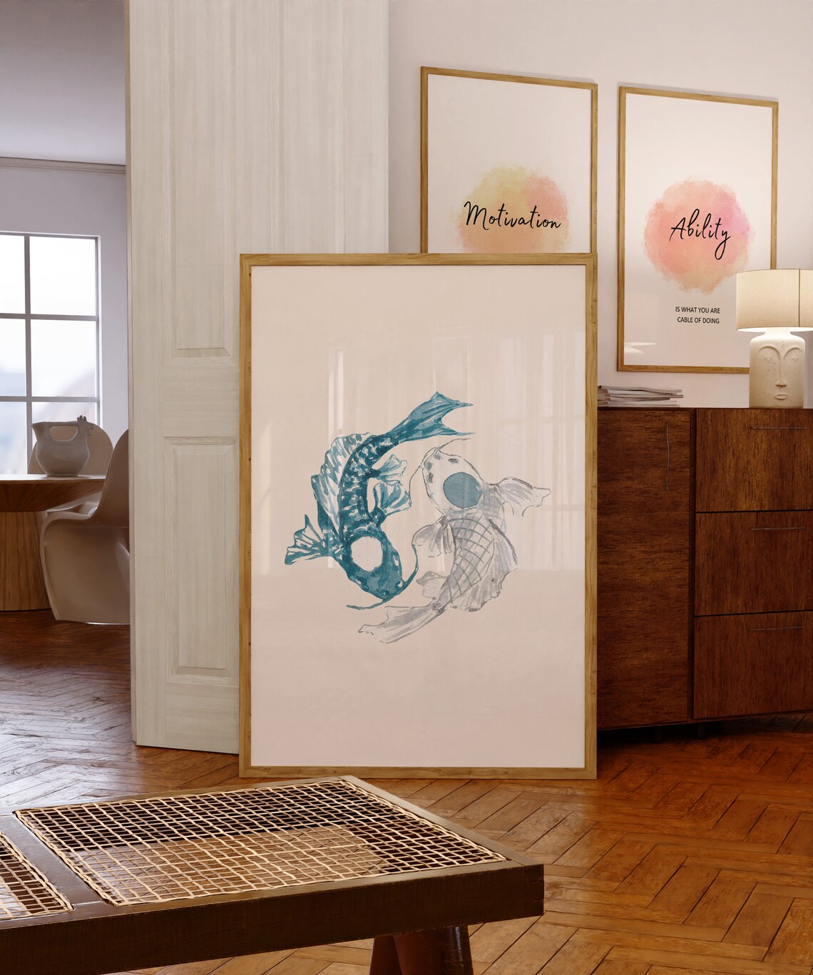 Watercolor Koi Fish Circle Blue Ink Wash Meditative Art Poster - Image 3