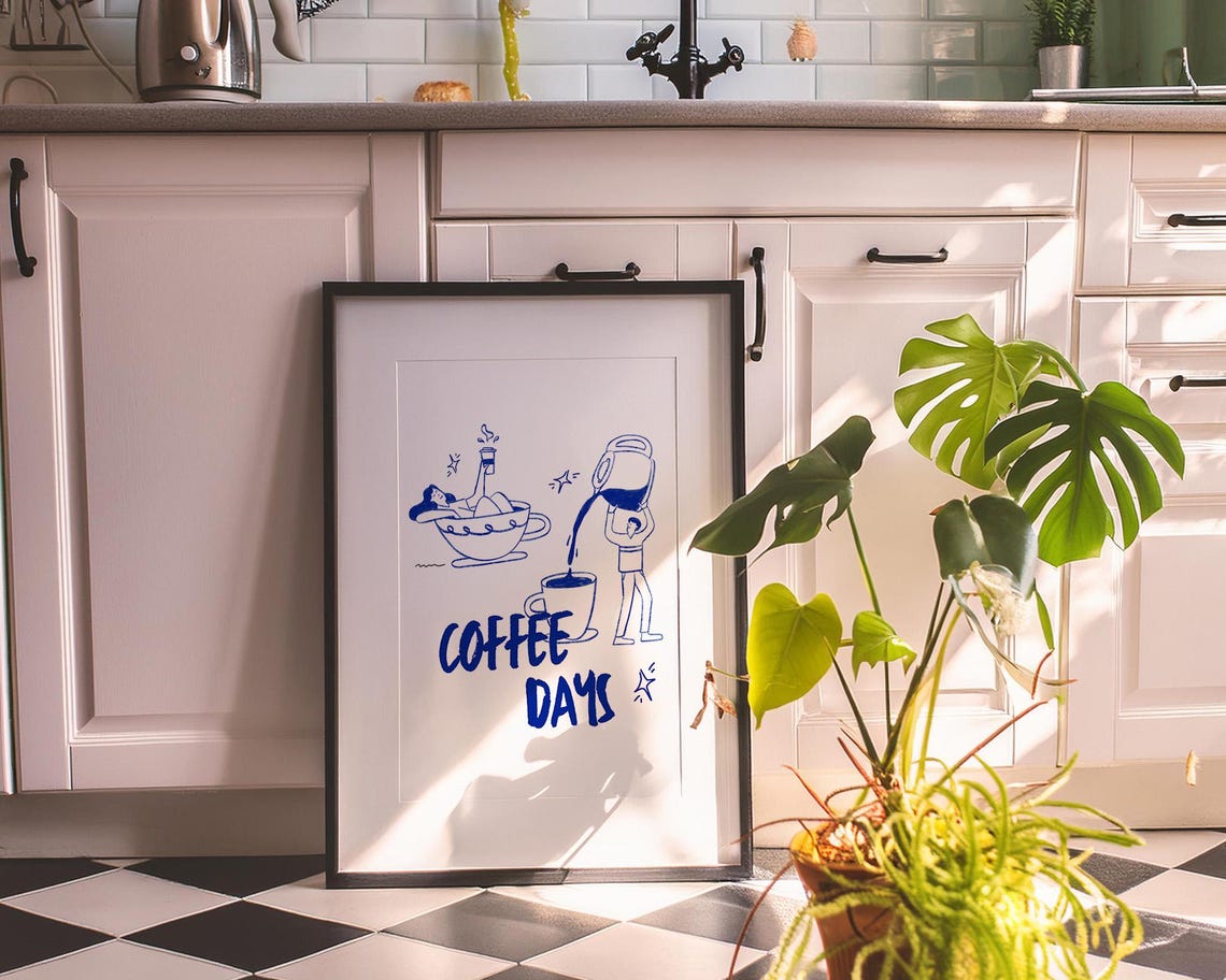 Whimsical Blue Line Art Coffee Days Morning Ritual Sketch Poster - Image 3