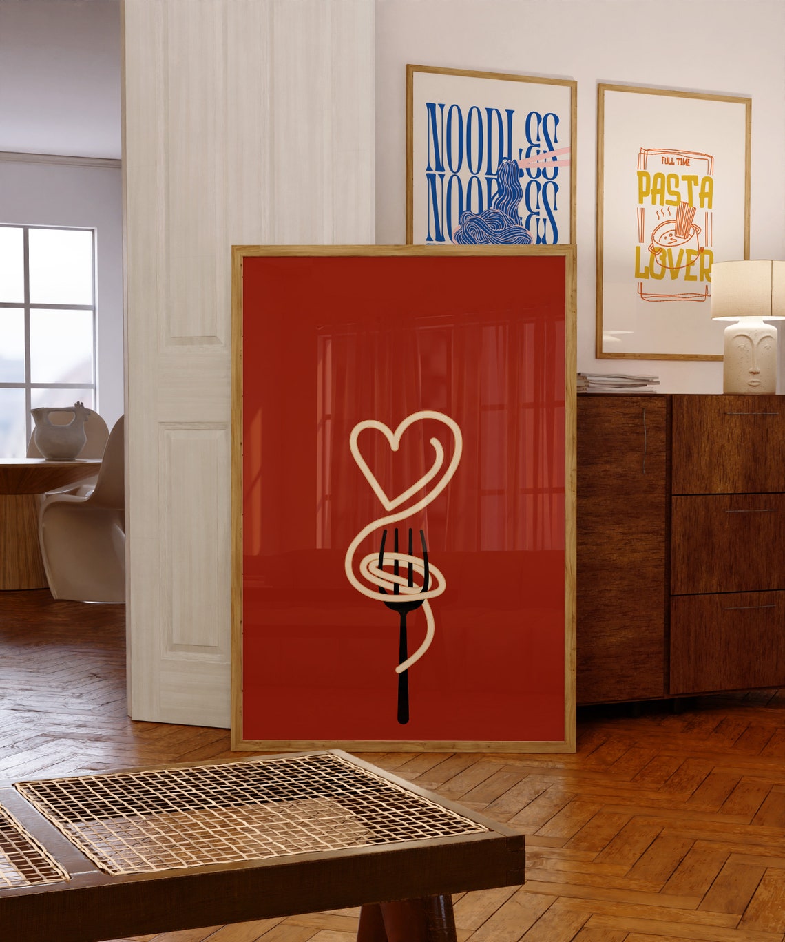 Spaghetti Fork Heart on Red Retro Pasta Lover Kitchen Poster