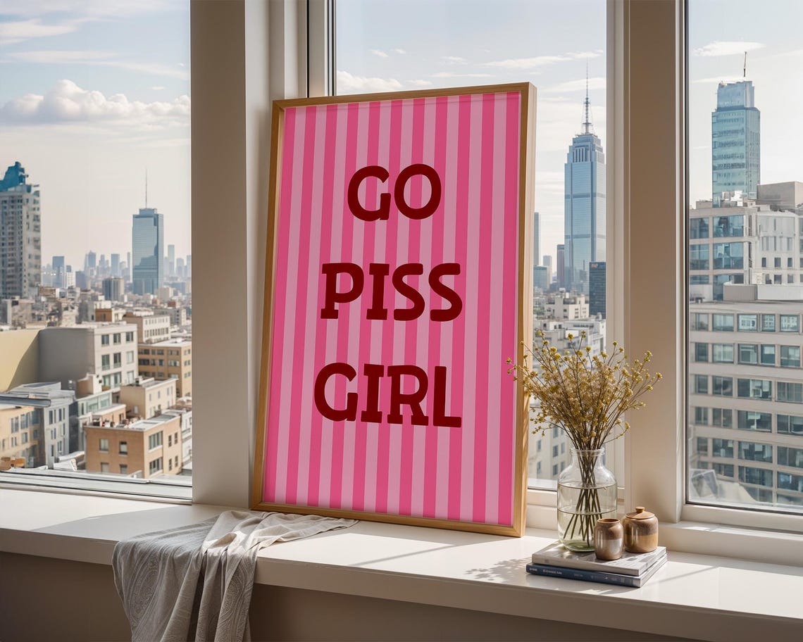Go Piss Girl Bold Red Text on Pink Striped Funny Bathroom Poster - Image 2