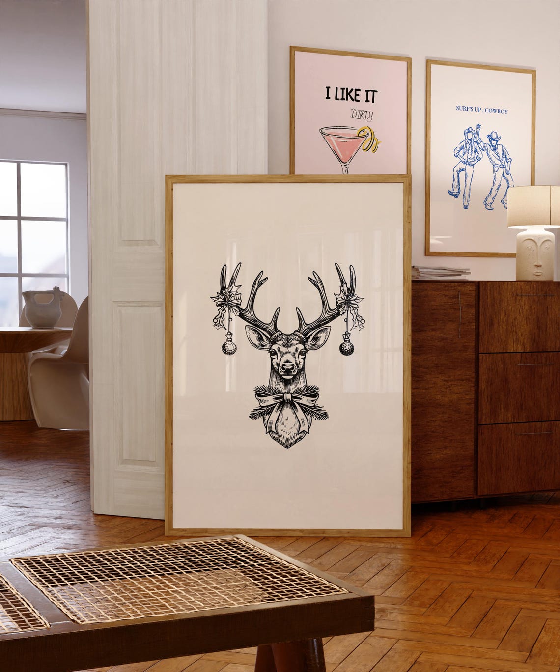 Black and White Christmas Deer Head Ornaments Elegant Art Poster