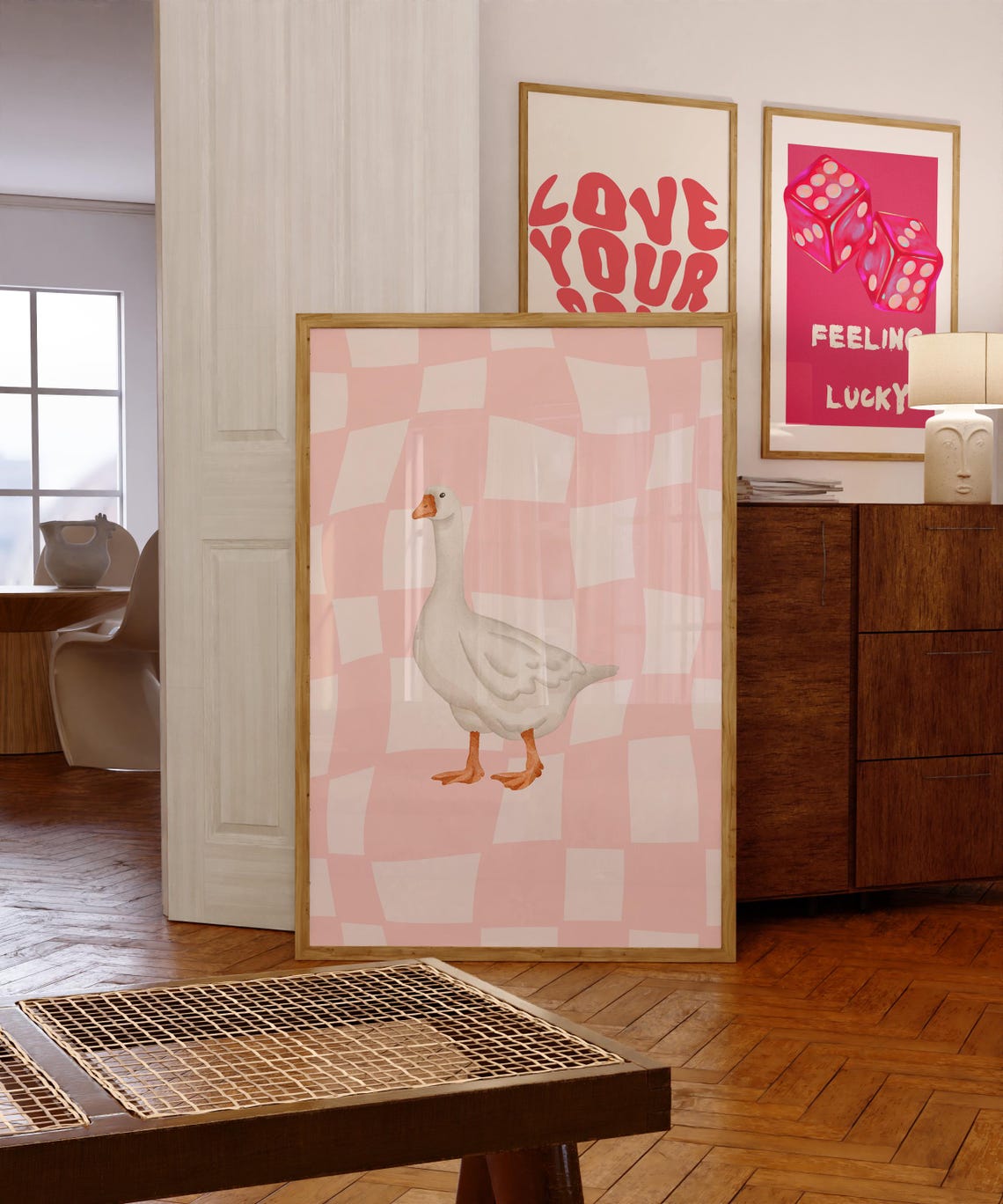 White Goose on Pink Wavy Checkered Trendy Preppy Animal Poster