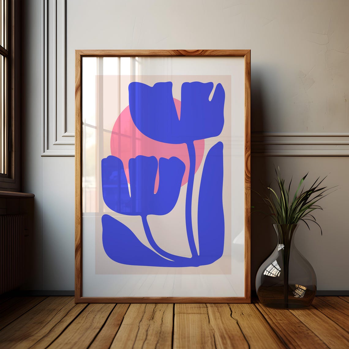 Cobalt Blue Abstract Flowers With Pink Sun Boho Botanical Poster - Image 2