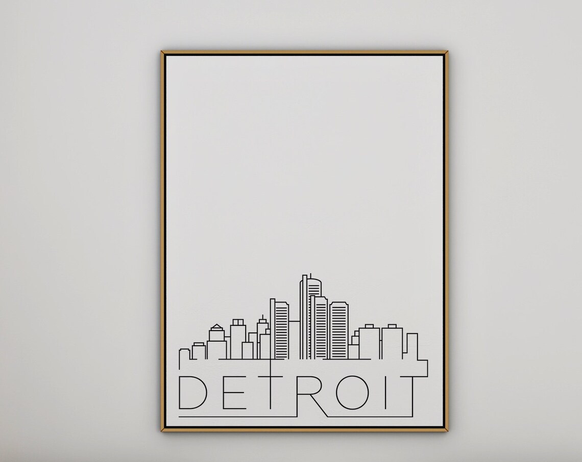 Detroit Michigan Minimalist Black White Line Art Skyline City Poster