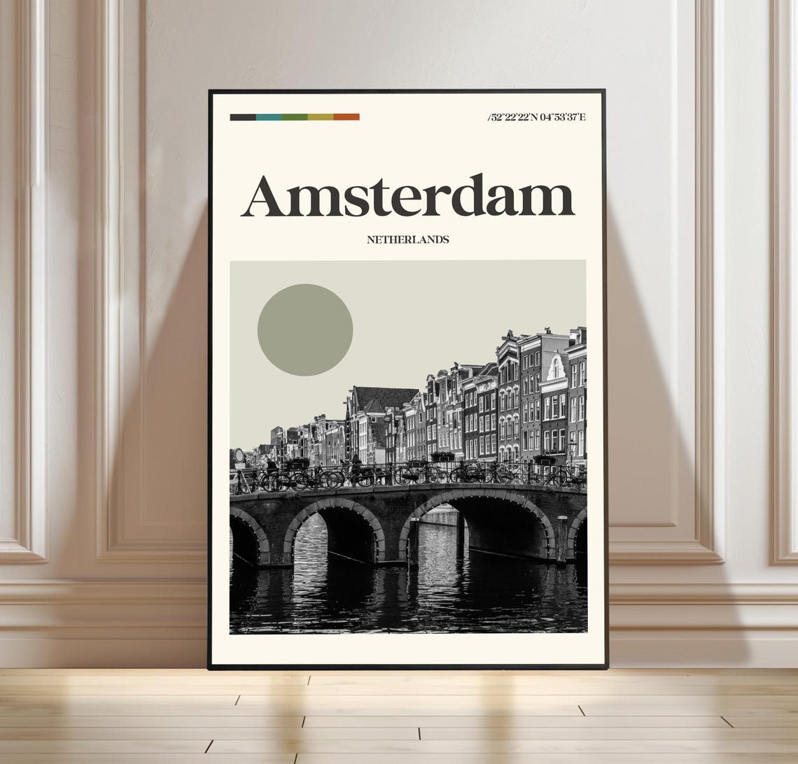 Amsterdam Netherlands Canal Bridge Vintage Travel Poster Art