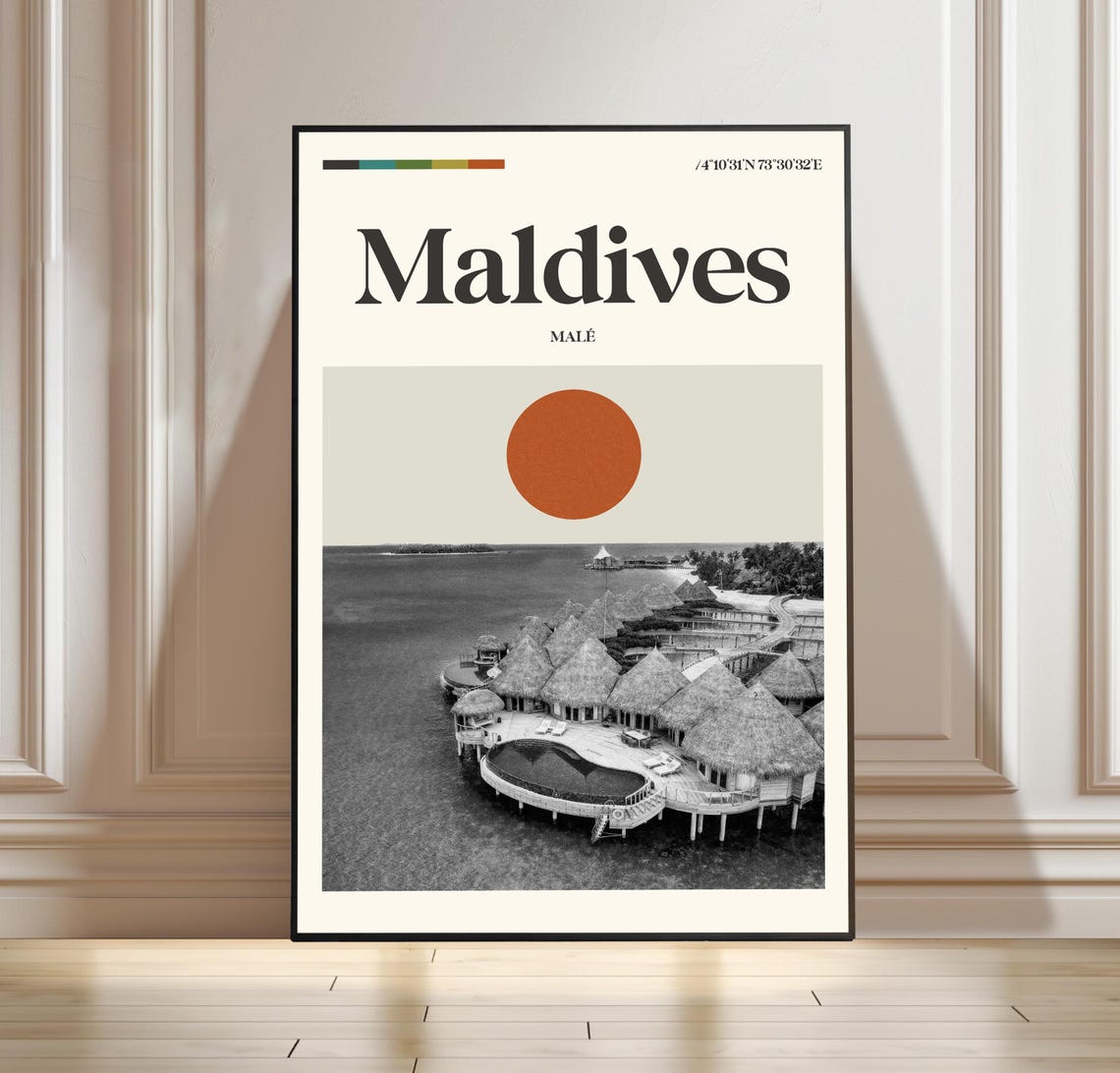 Maldives Male Overwater Bungalows Minimalist Travel Poster Sun Circle