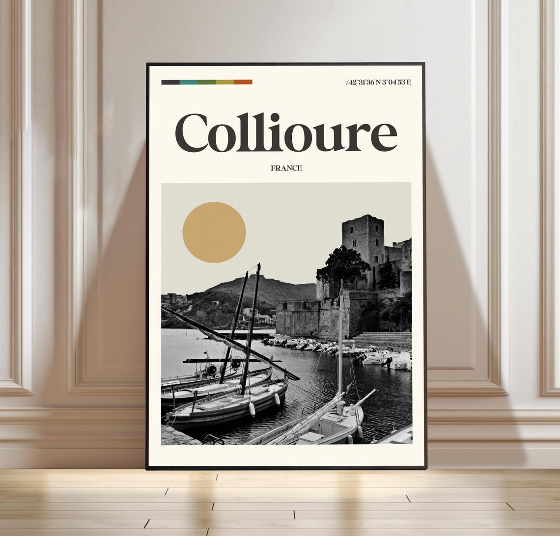 Collioure France Harbor Castle Vintage Black and White Poster