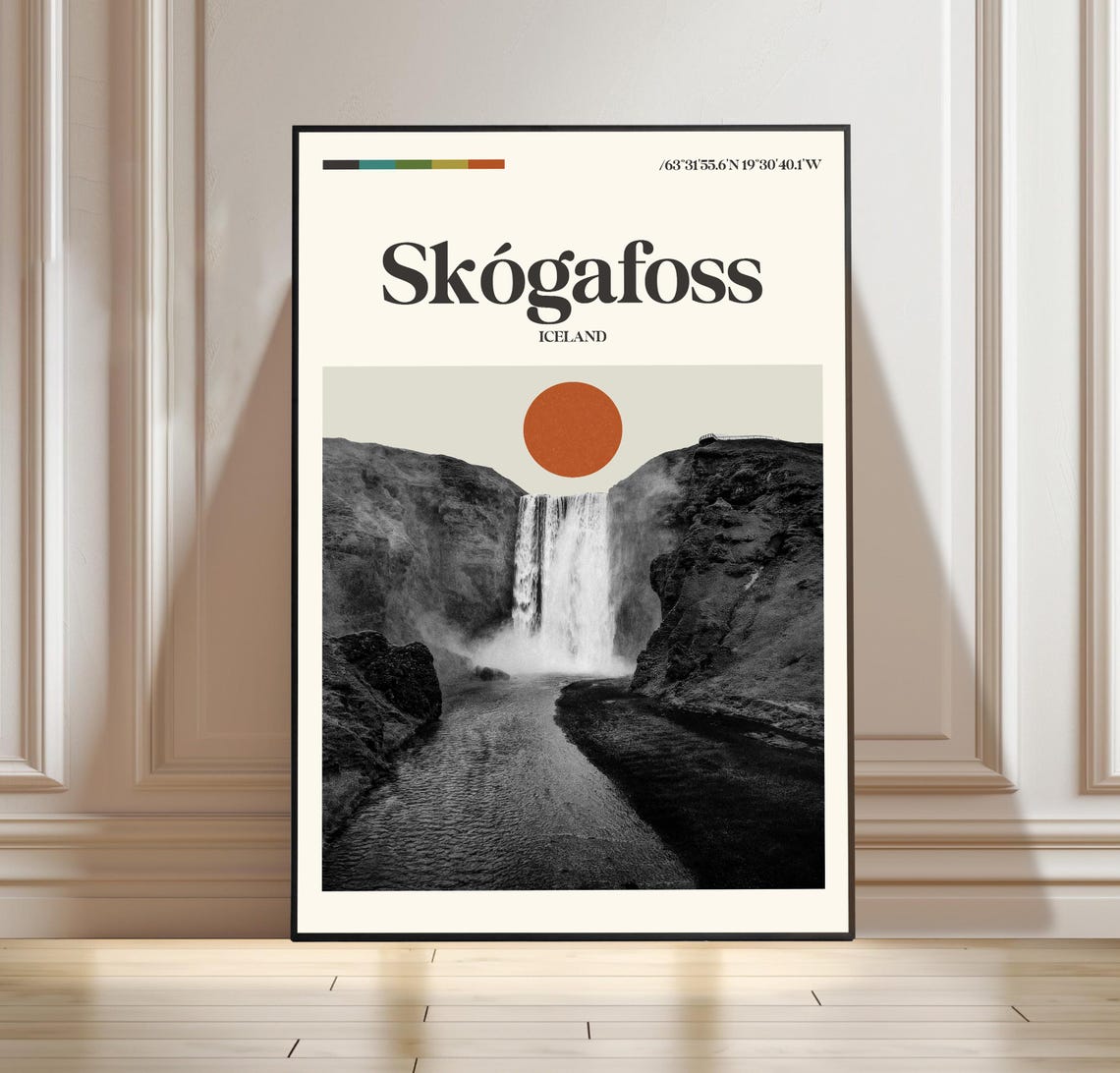Skógafoss Iceland Waterfall Boho Style Travel Poster with Sun