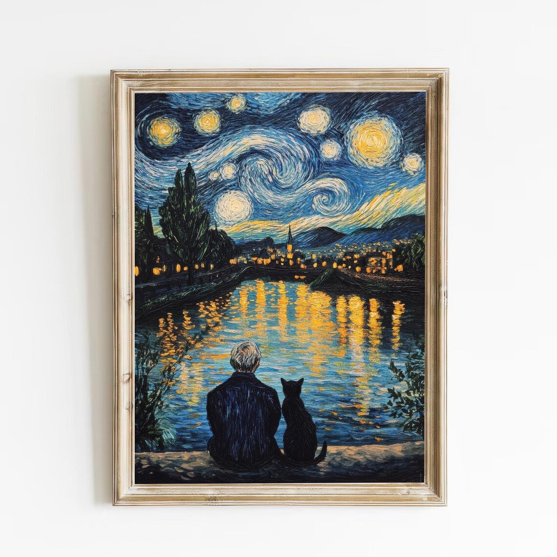 Van Gogh Style Starry Night Riverside Man With Black Cat Poster - Image 2