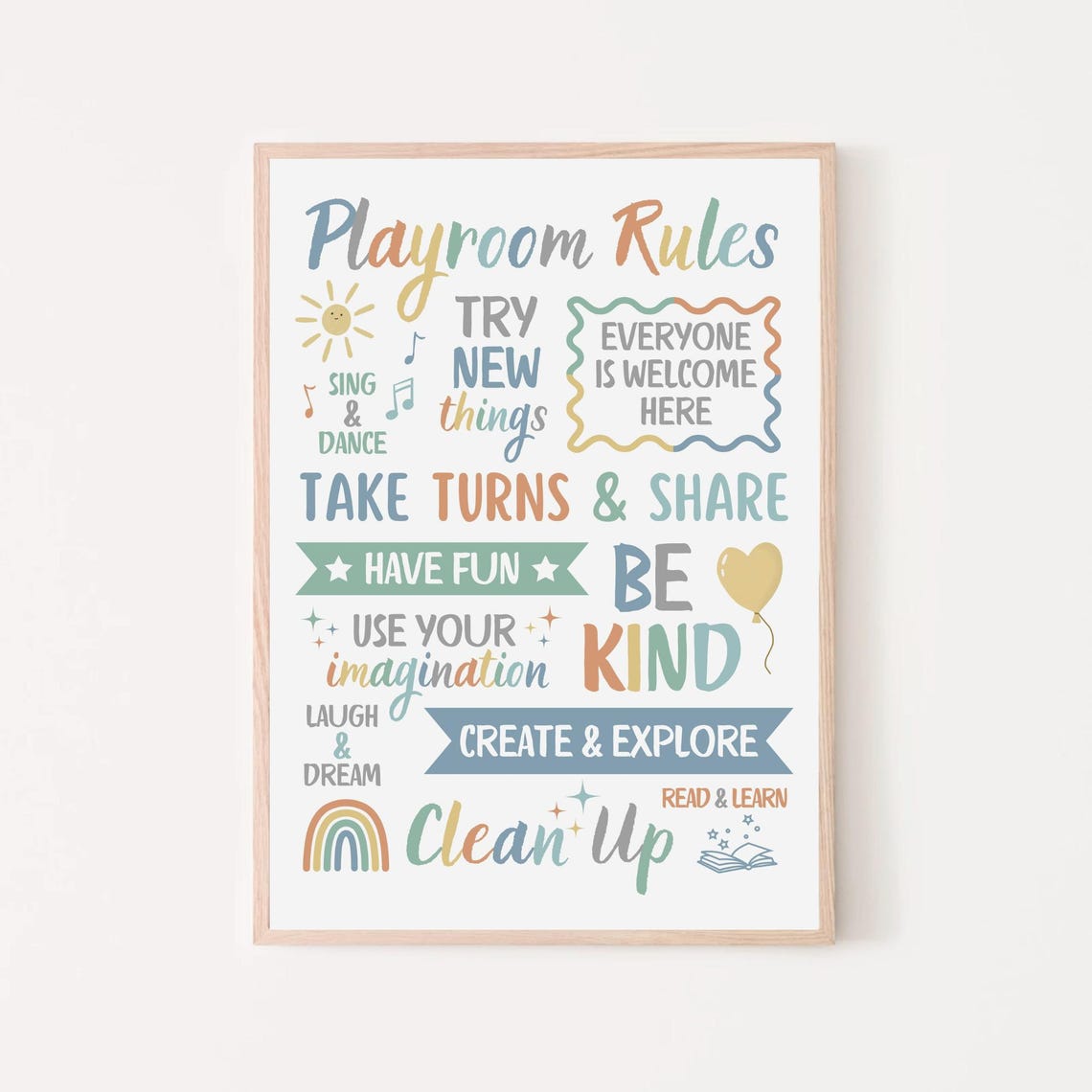 Muted Playroom Rules Sign Earth Tone Kids Room Be Kind Wall Poster