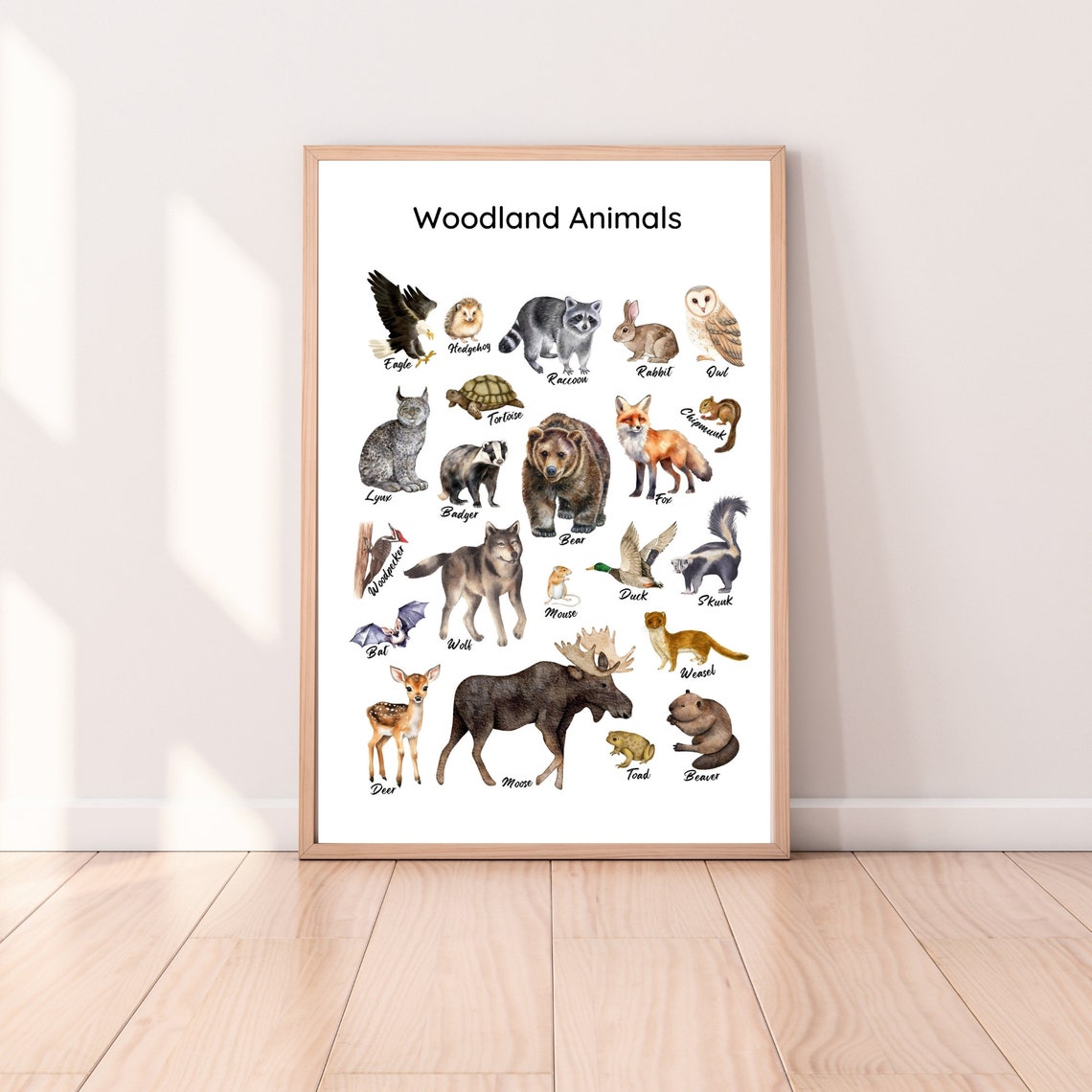 Woodland Animals Watercolor Chart Bear Fox Owl Educational Kids Poster - Image 3