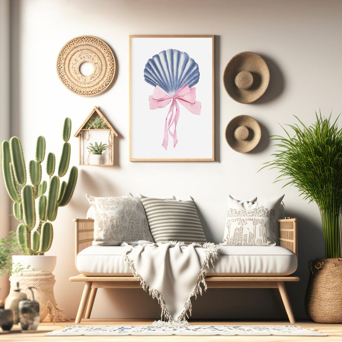 Blue Scallop Shell With Pink Bow Watercolor Coastal Beach Wall Art - Image 5