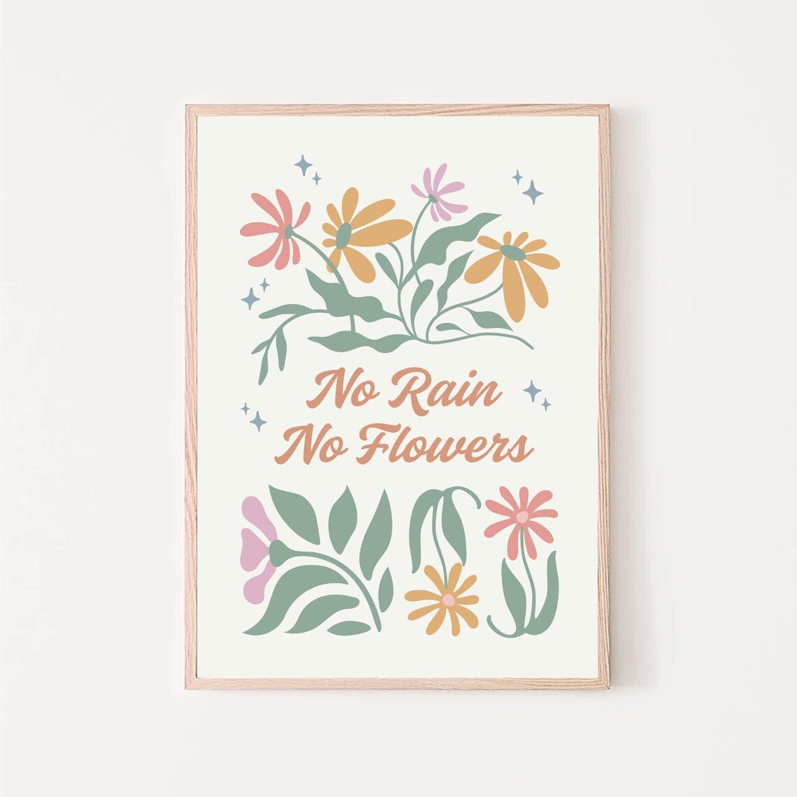No Rain No Flowers Retro Floral Quote Art Print