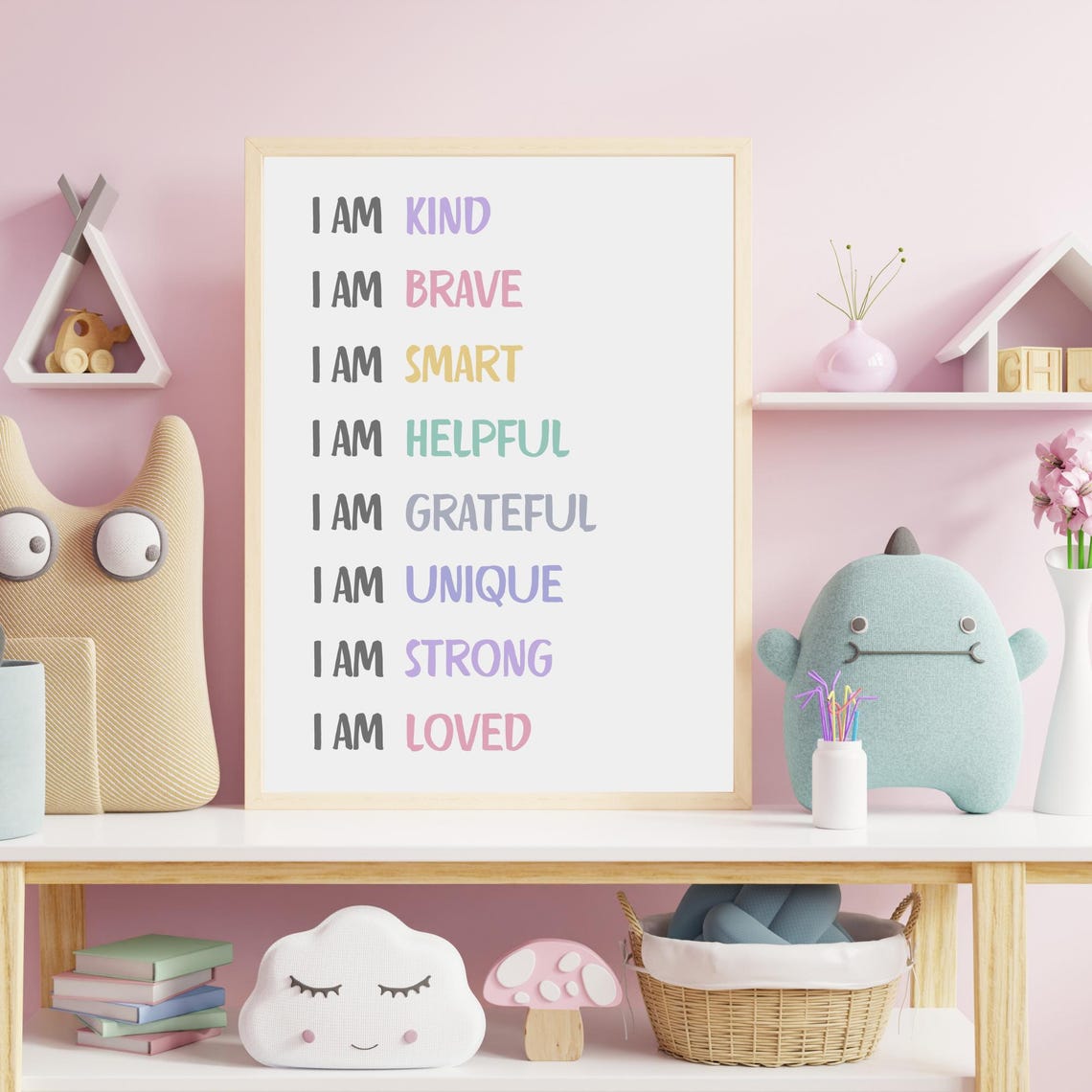 Girls Positive Affirmations I Am Poster Kids Playroom Sign Inspirational Motivational Quote Play Room Decor Bedroom Wall Art Print - Image 6