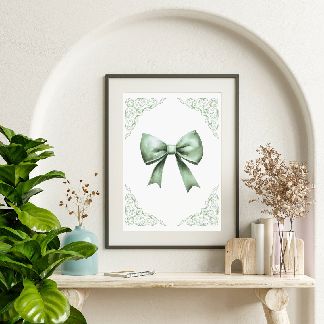 Sage Green Watercolor Ribbon Bow With Baroque Corner Flourish Poster - Image 3