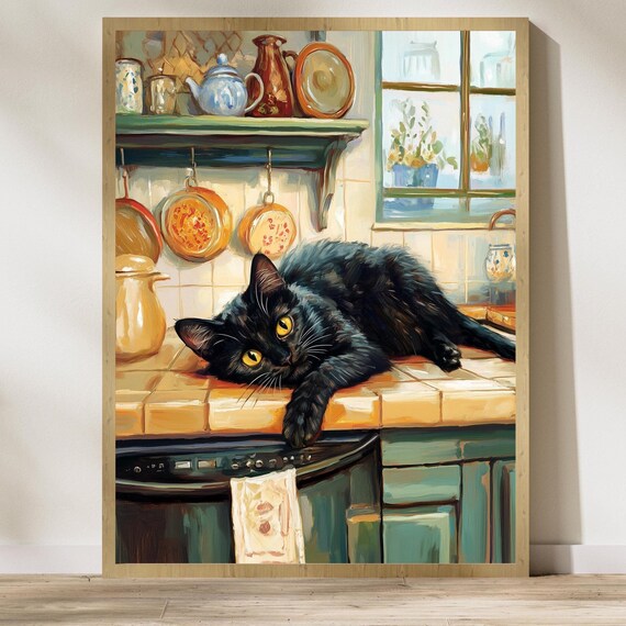 Cozy Kitchen Art Black Cat Painting Rustic Home Decor Farmhouse Wall Whimsical Poster