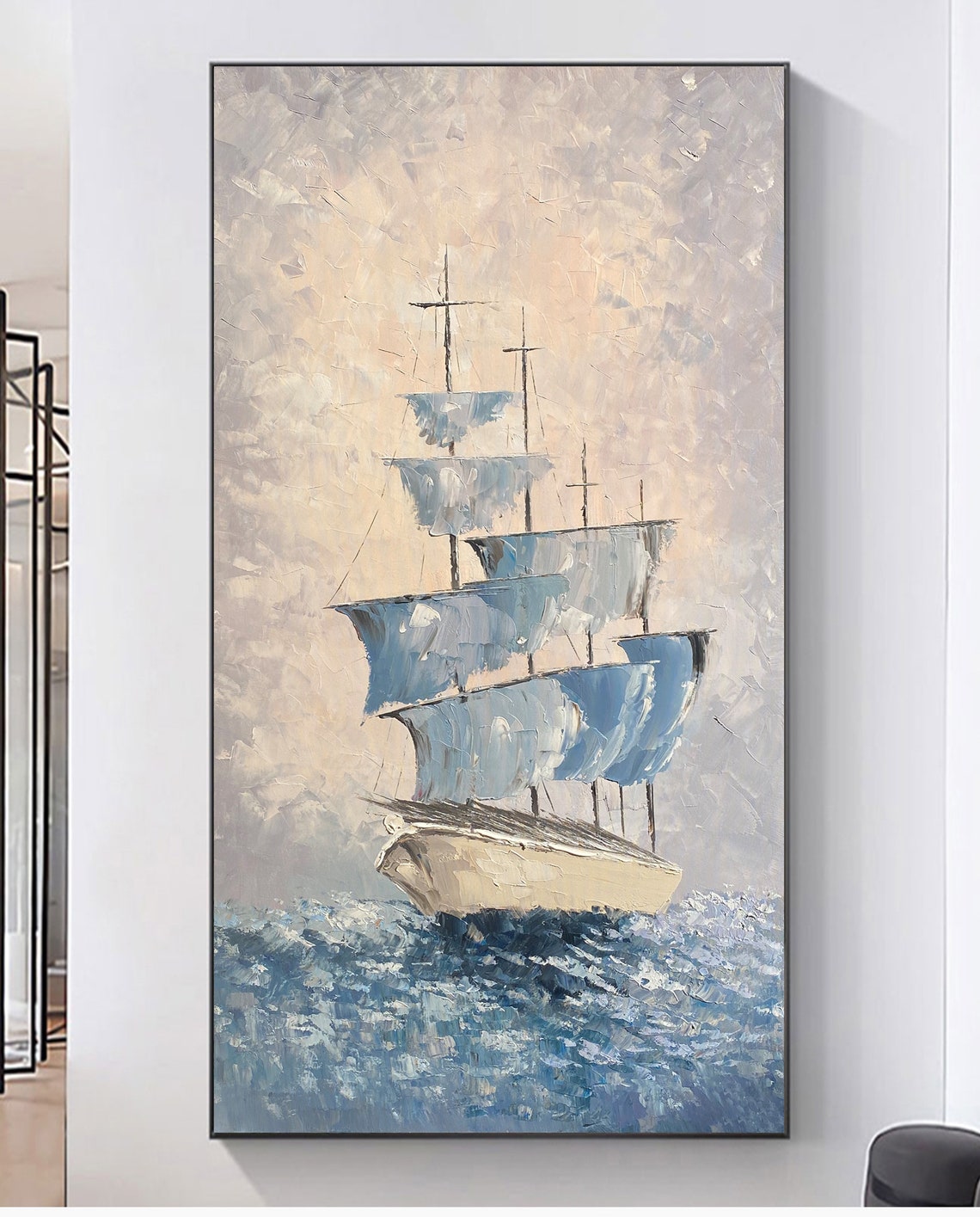 Tall Sailing Ship Blue Sails Impasto Ocean Oil Painting Poster