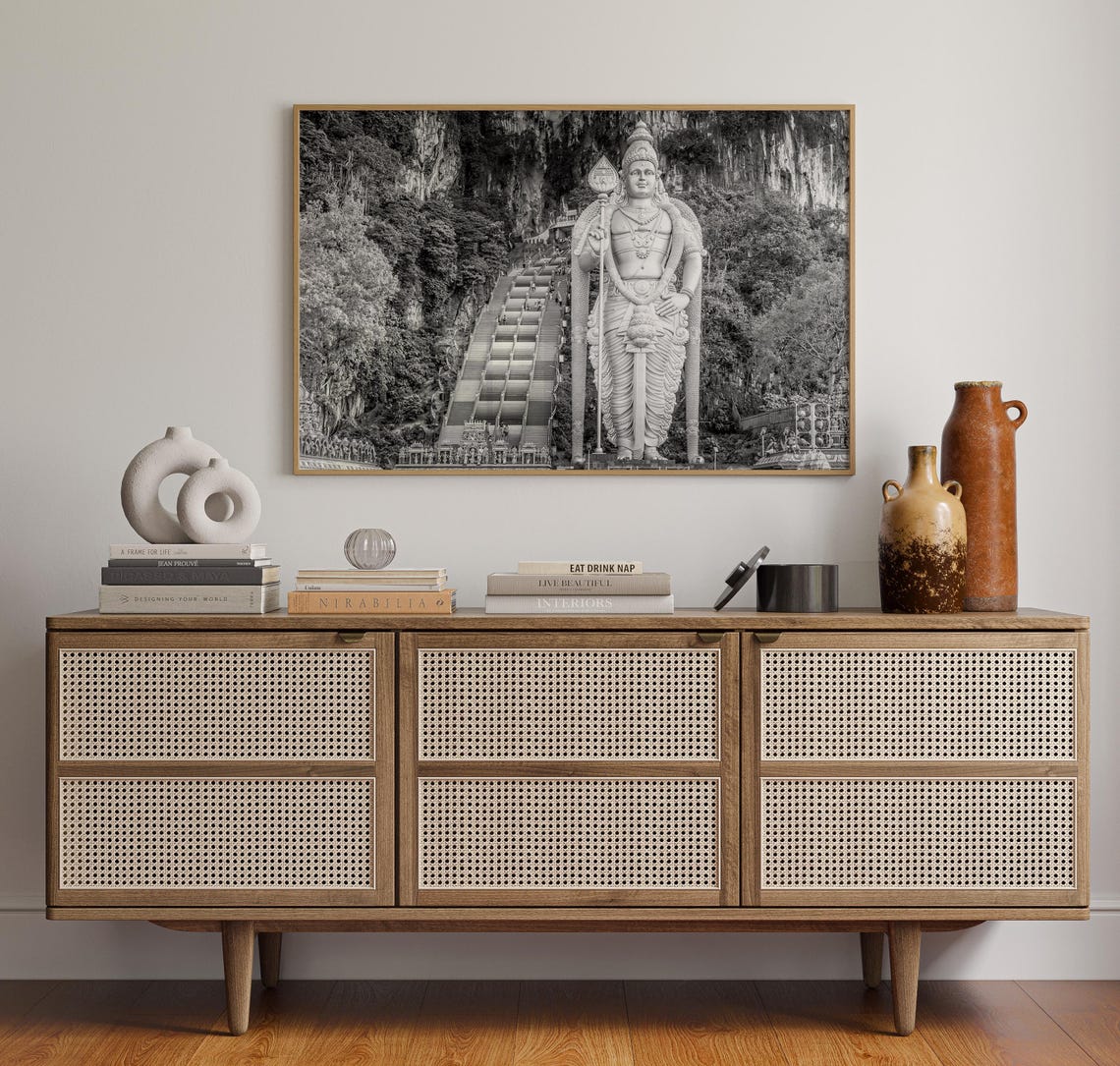 Batu Caves Malaysia Murugan Statue Black and White Staircase Poster - Image 4